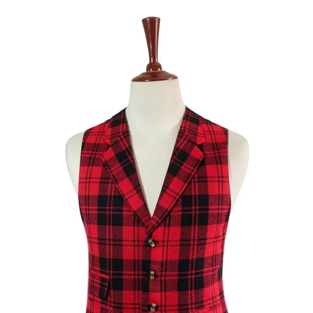 Mens 46R Wool Tartan Plaid Vest Red Black Waistcoat Formal Wedding Party Dress - Picture 3 of 8